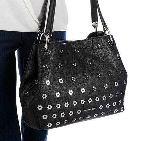 Michael Kors Black Leather Raven Silver Flower Stud Large Shoulder Tote Purse - Picture 3 of 16